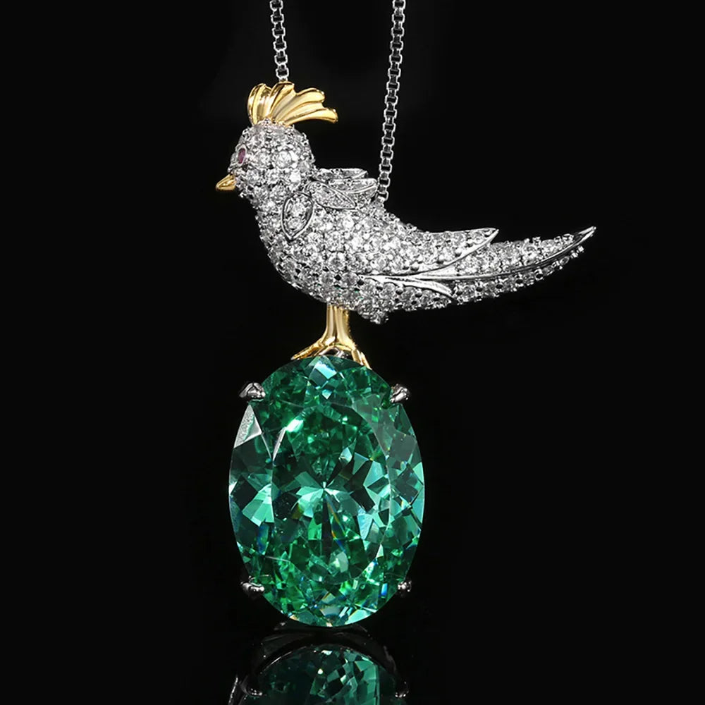Green Tourmaline Gemstone Magpie Pendant Necklace Brooch Set