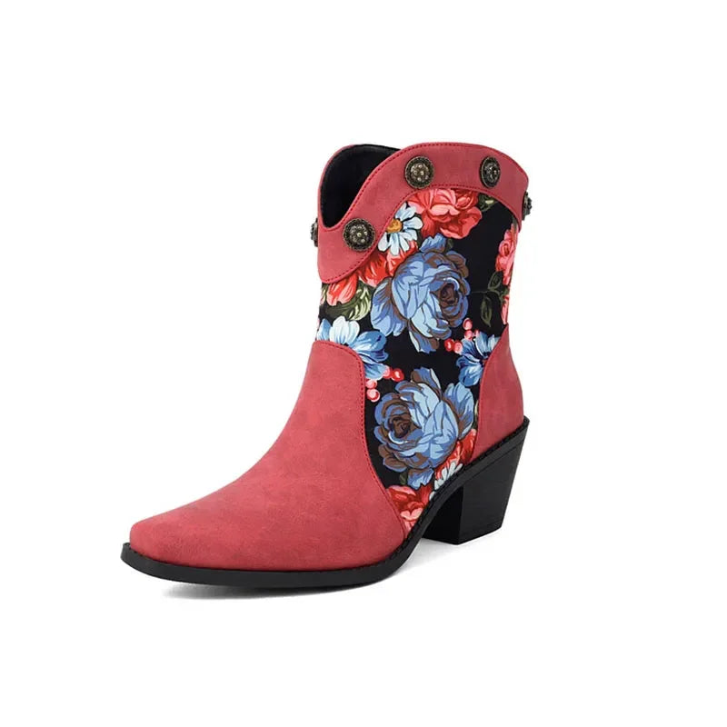 Flower Print Ankle Boots Women Wedge Heel 6cm Slip On Retro
