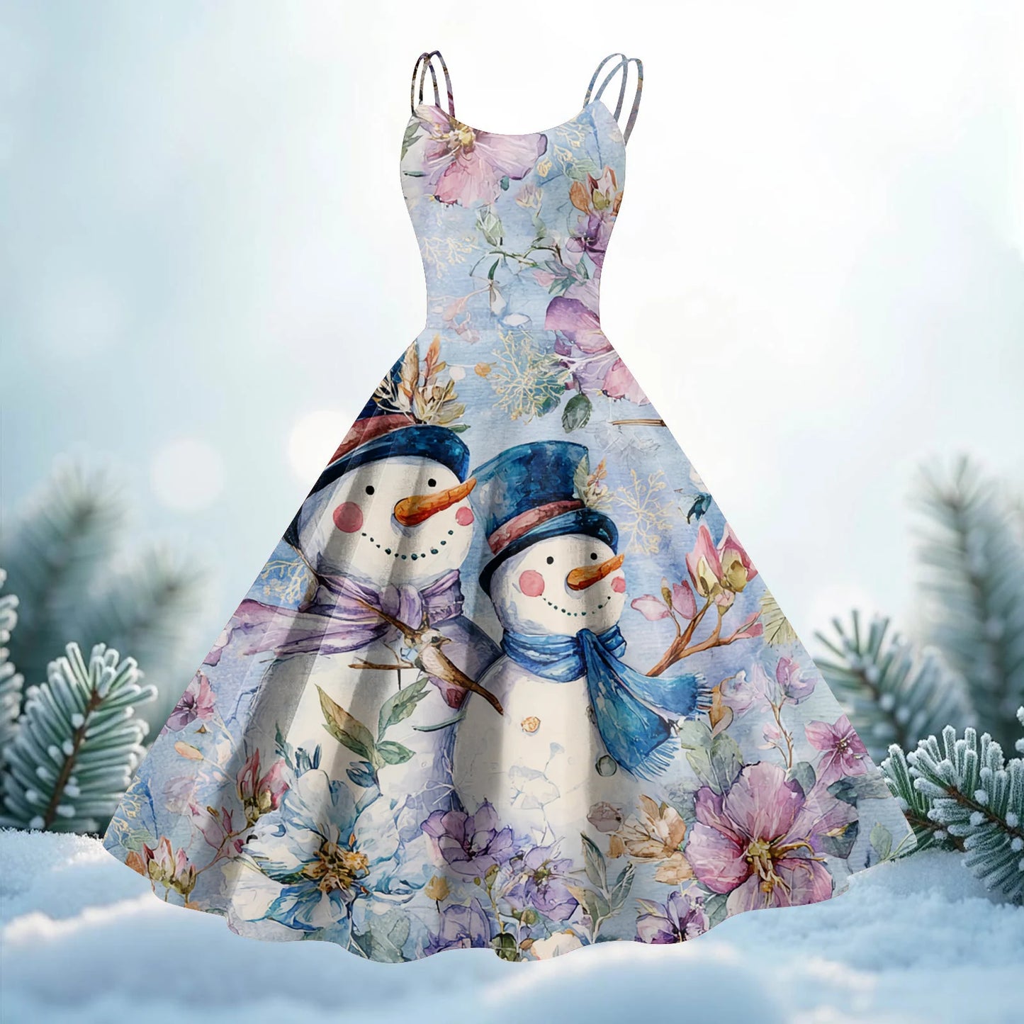 Women Christmas Print Spaghetti Strap Polyester Dress