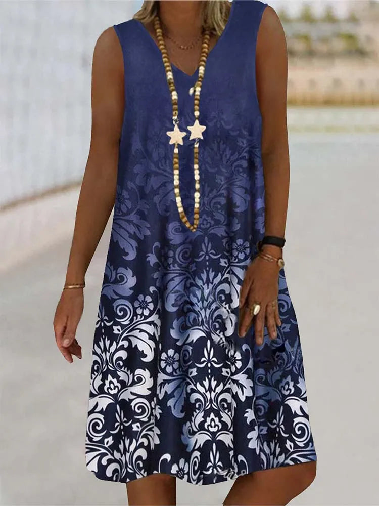 Women's Sleeveless V-Neck Dress Plant Print - Beachwear