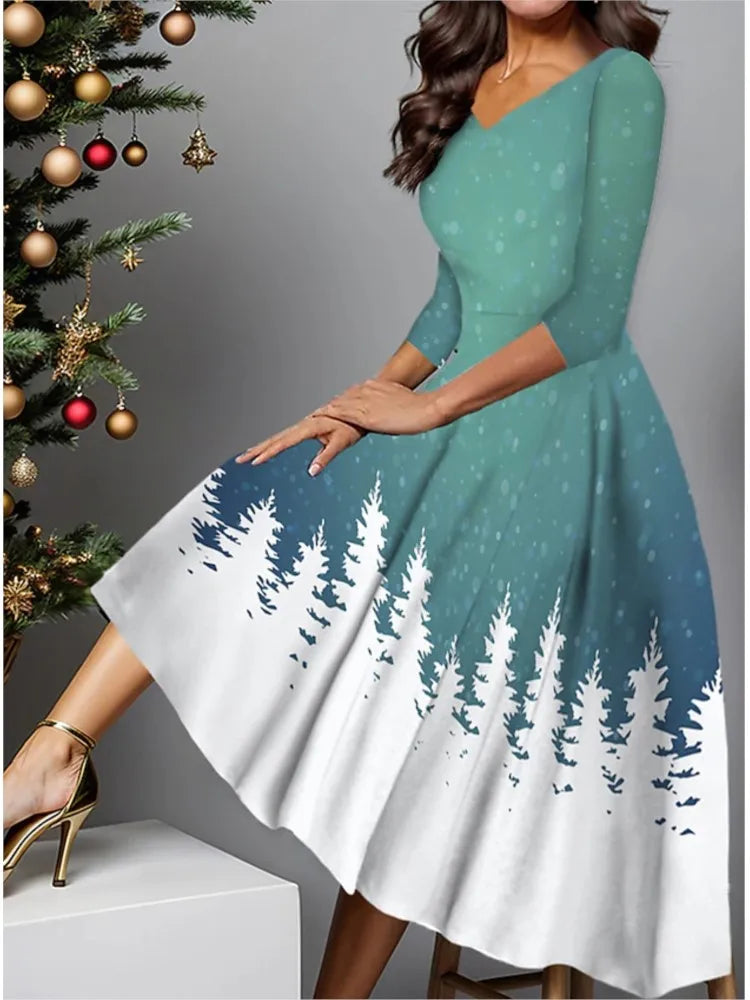 Slim V-Neck Snowflake Print Polyester Dress Womens