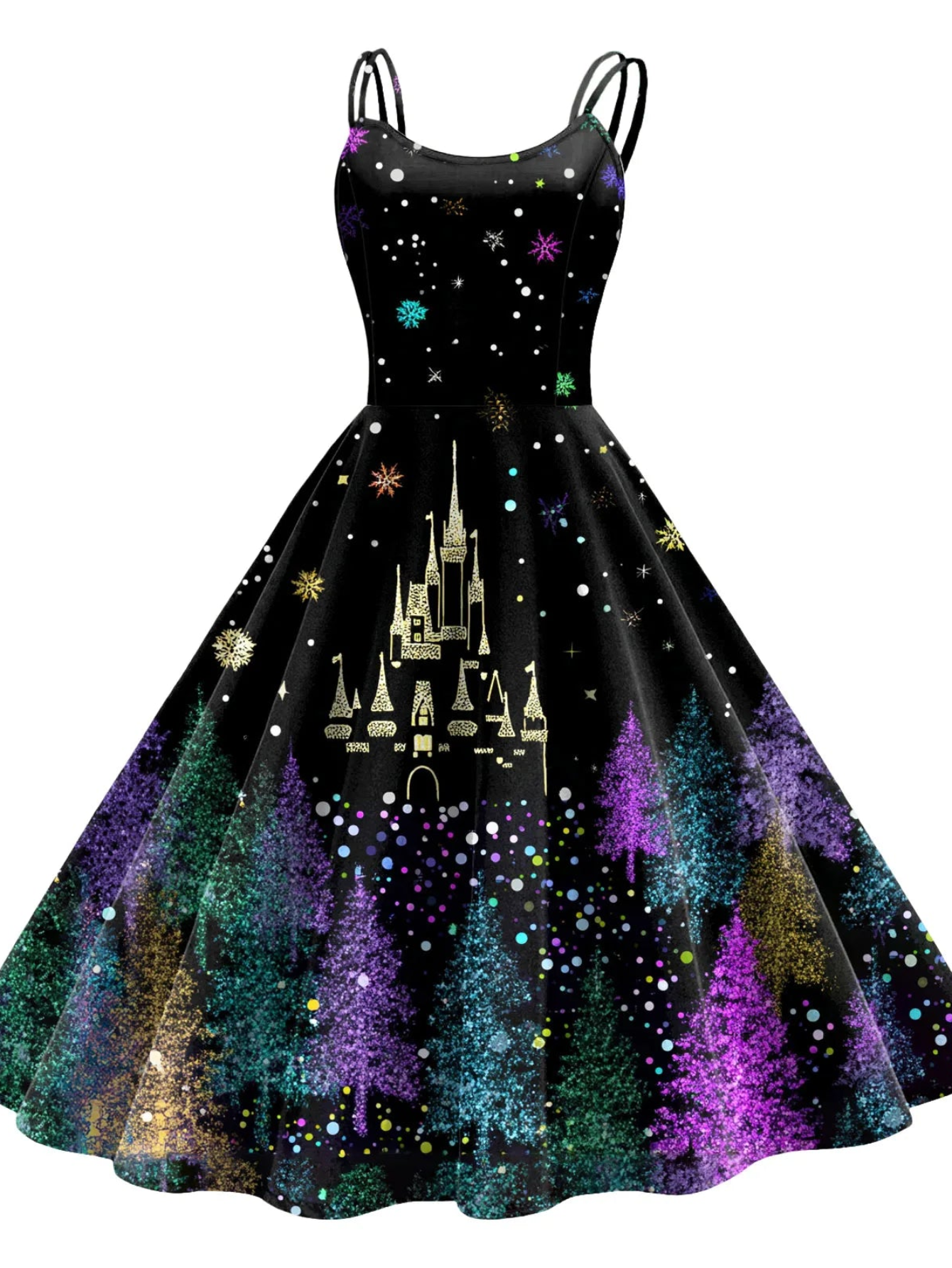 Retro Paint Print Christmas Tree Sleeveless Midi Dress