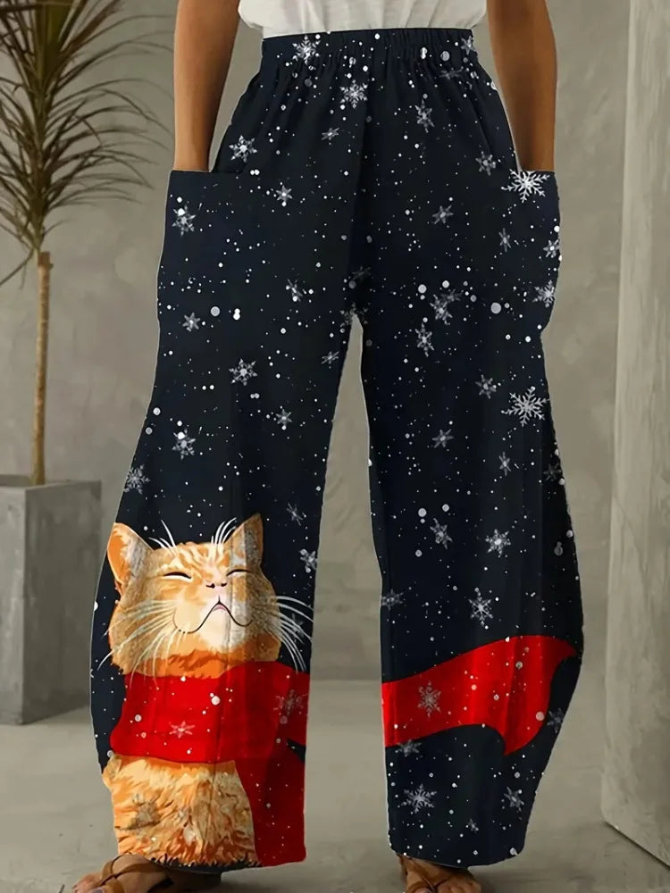 Women's Loose Bloomers Cartoon Cat Print Polyester Pants