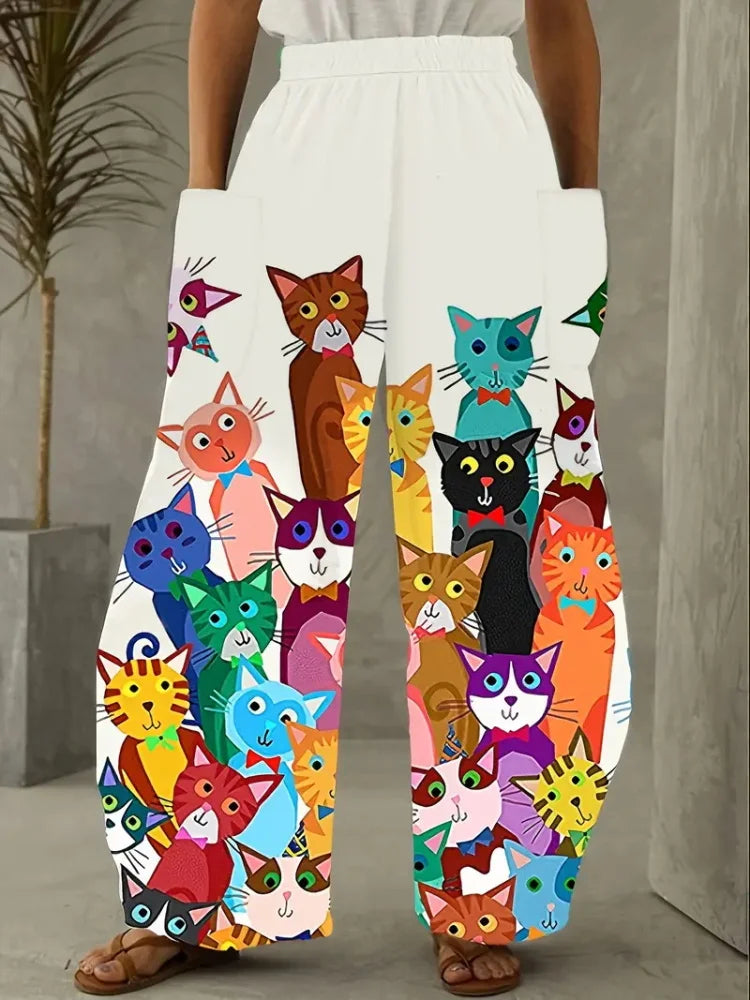 Women's Loose Bloomers Cartoon Cat Print Polyester Pants