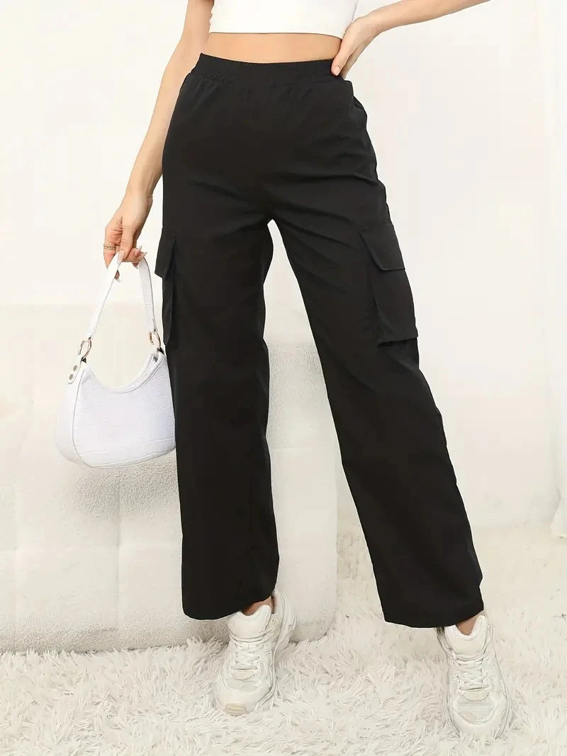 Womens Cargo Pants Regular Fit Polyester Solid High Waist