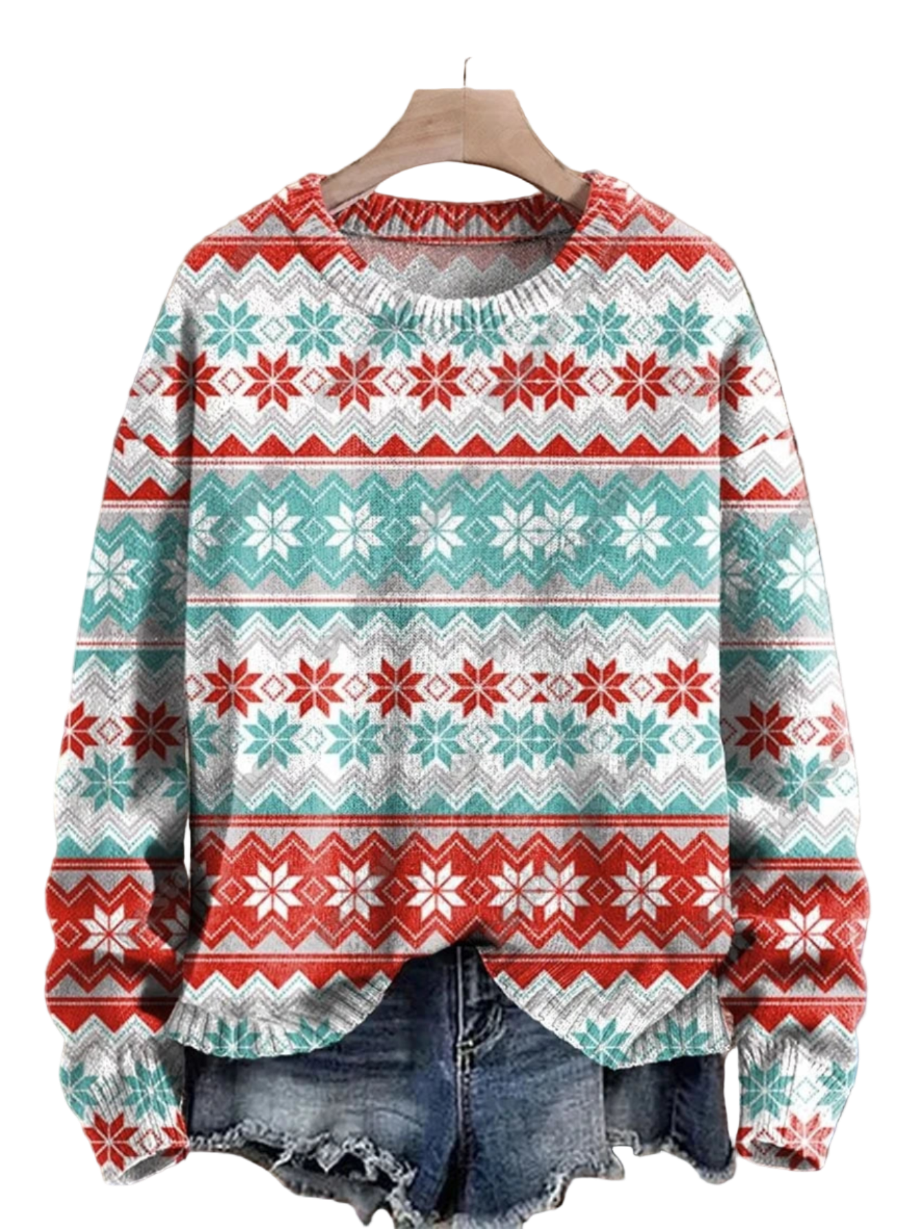 Red & Light Blue 3D Christmas Printed Knit Sweater