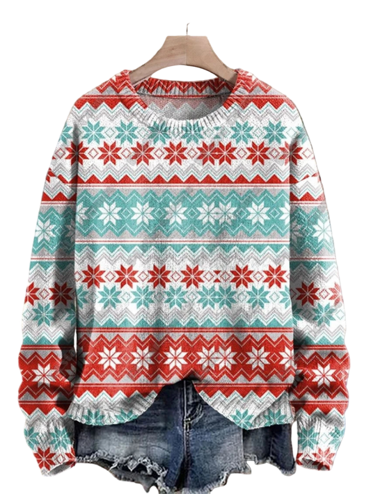 Red & Light Blue 3D Christmas Printed Knit Sweater