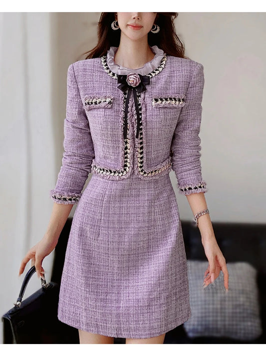 Elegant Purple Fungus Collar Slim Dress With Long Sleeves