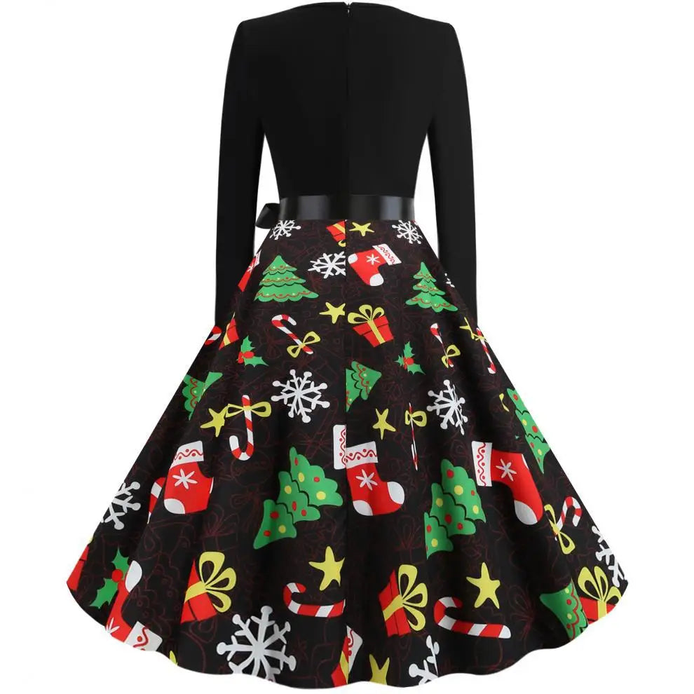 Women's Slim Fit Christmas Print Long Sleeve Dress Polyester