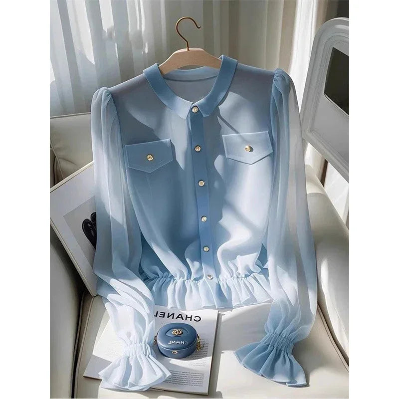 Solid Color Chiffon Polo Collar Shirt For Office Wear