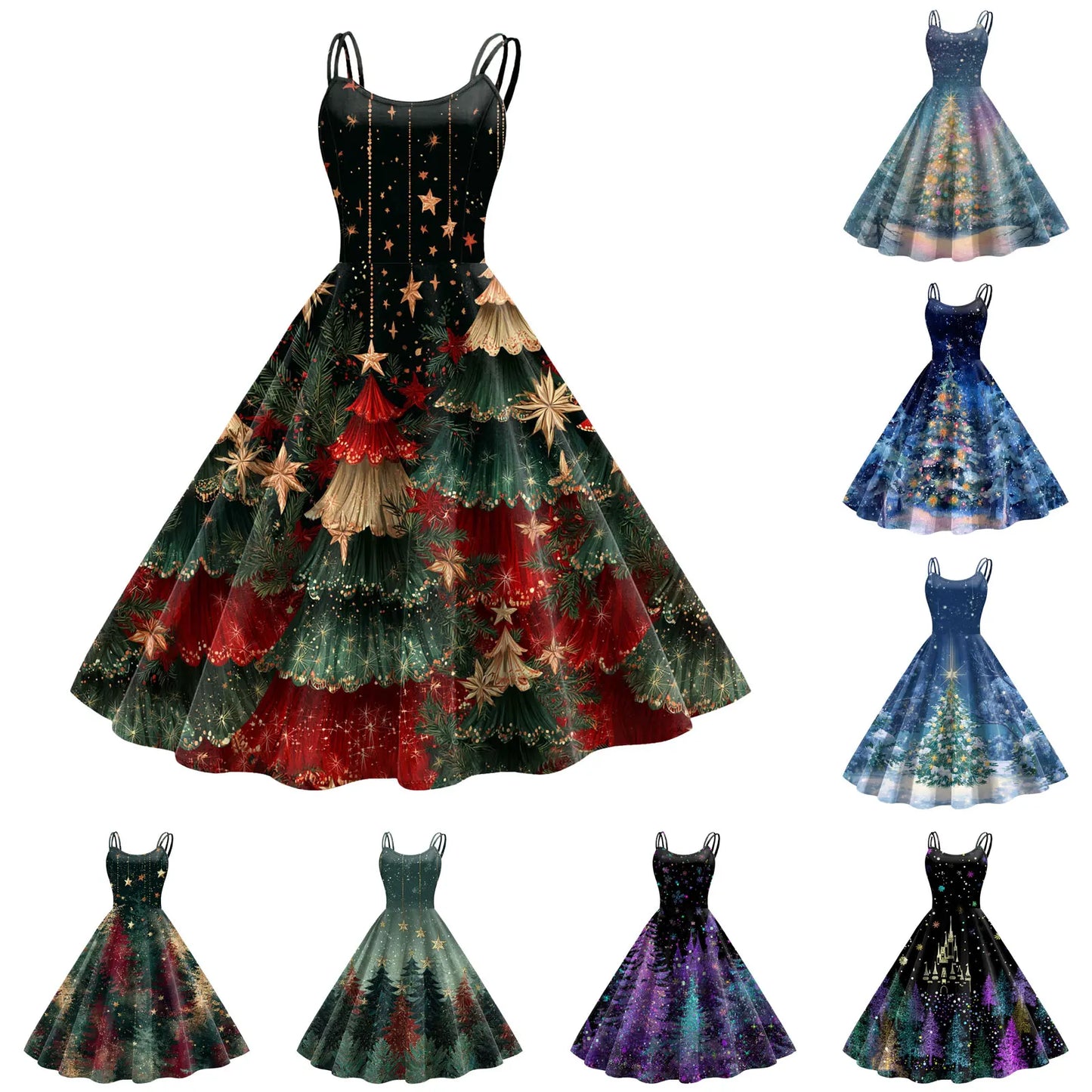 Retro Paint Print Christmas Tree Sleeveless Midi Dress