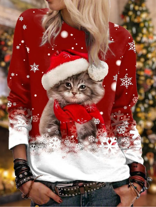 Christmas Cute Kitten With Santa Hat Print Sweatshirt