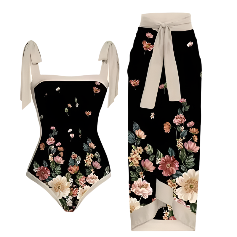 Black & Floral Elegant One-Piece Swimsuit with Skirt – Bowknot Brazilian Style