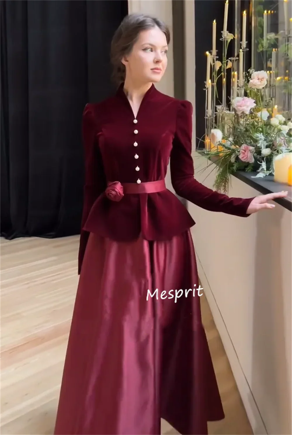 Velour Pearl Sash A Line V Neck Midi Dress Bespoke Occasion