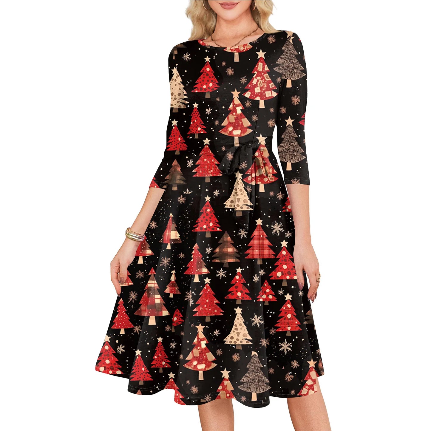Women's A Line O Neck Polyester Dress Christmas Print Slim