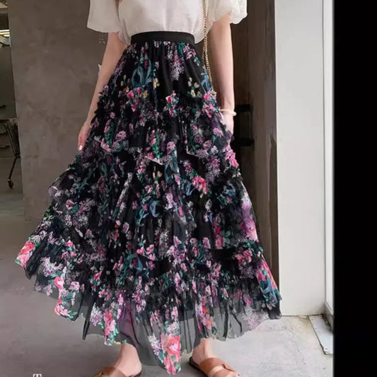 Floral Print Mesh Tulle A-Line Long Skirt