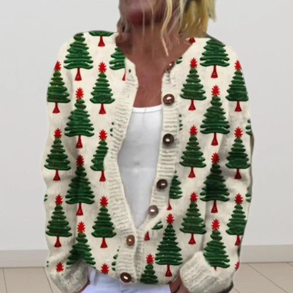 Cardigan Coat Round Neck Festive 3D Christmas Print Jacket