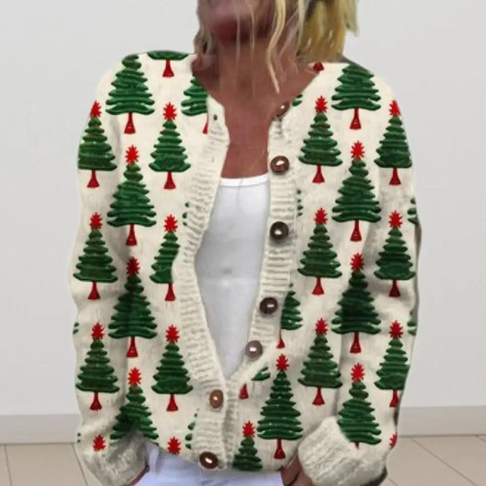 Cardigan Coat Round Neck Festive 3D Christmas Print Jacket