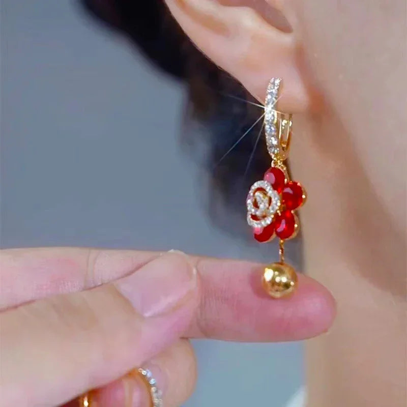 Crystal Rhinestone Rose Pendant Drop Earrings Jewelry