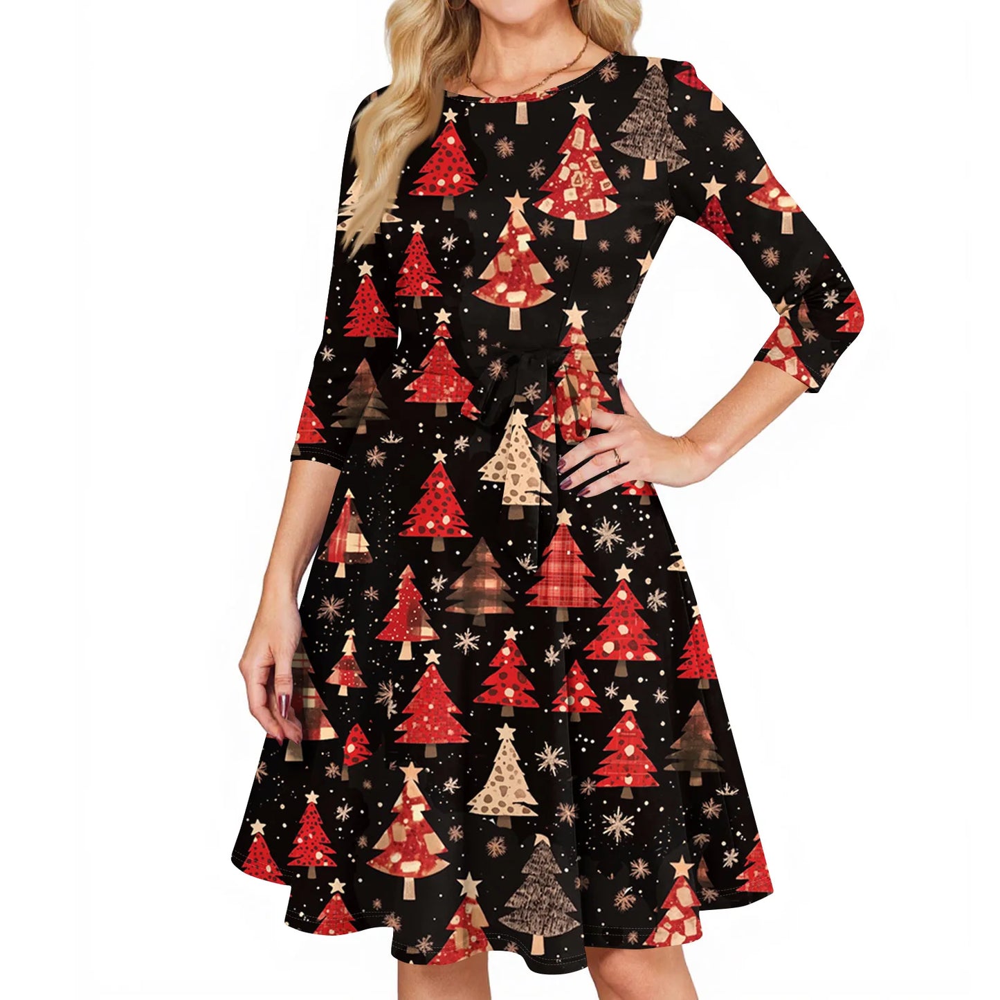 Women's A Line O Neck Polyester Dress Christmas Print Slim