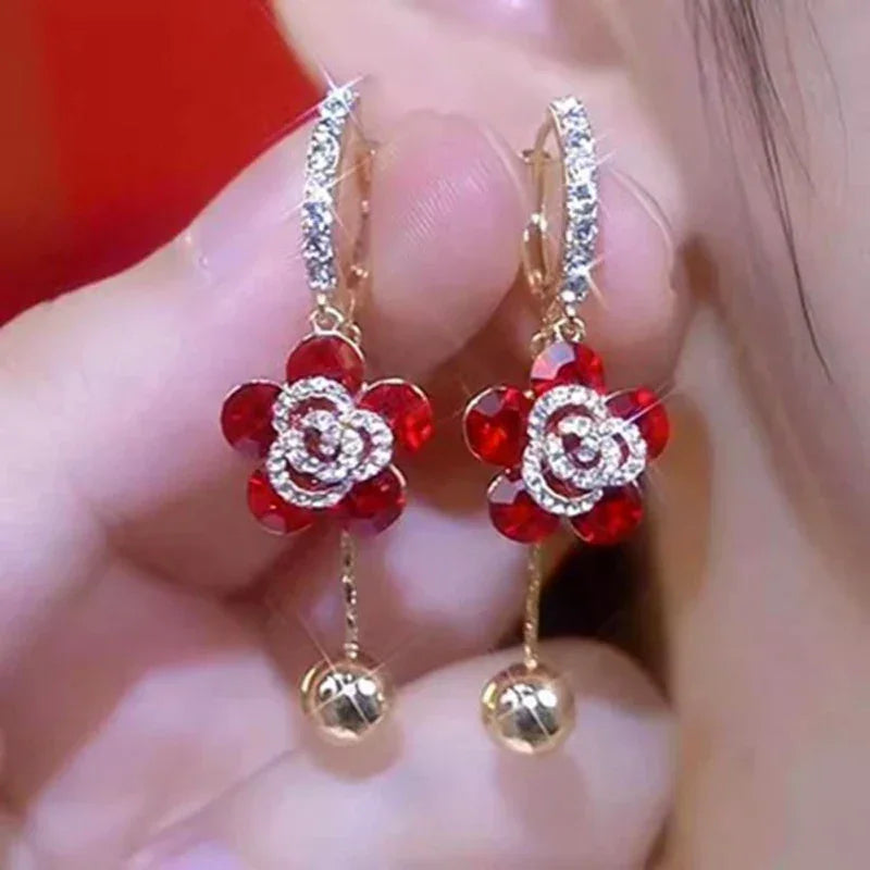 Crystal Rhinestone Rose Pendant Drop Earrings Jewelry