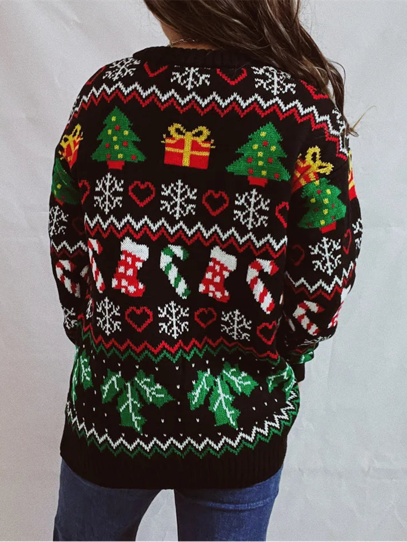 Christmas Snowflake, Trees, Stockings Long Knitted Sweater