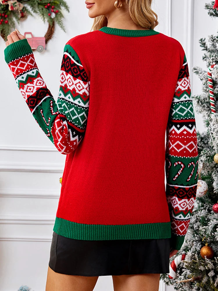 Christmas Cat Sequined Knit Sweater Long Sleeve Pullover