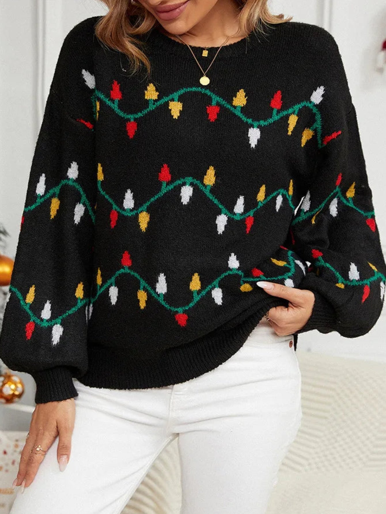 Christmas Lights Pullover Sweater Lantern Knit Cozy