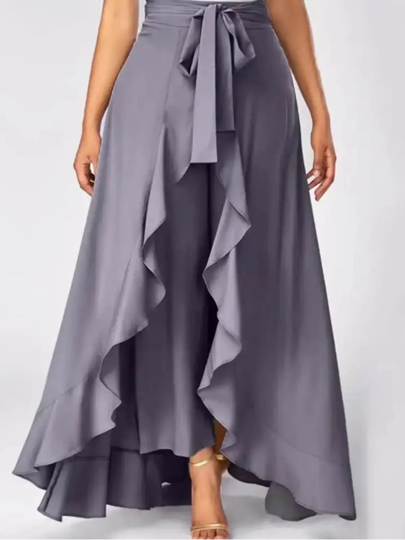 Elegant High Waist Lace Up Chiffon Dress Pants With Ruffle Details