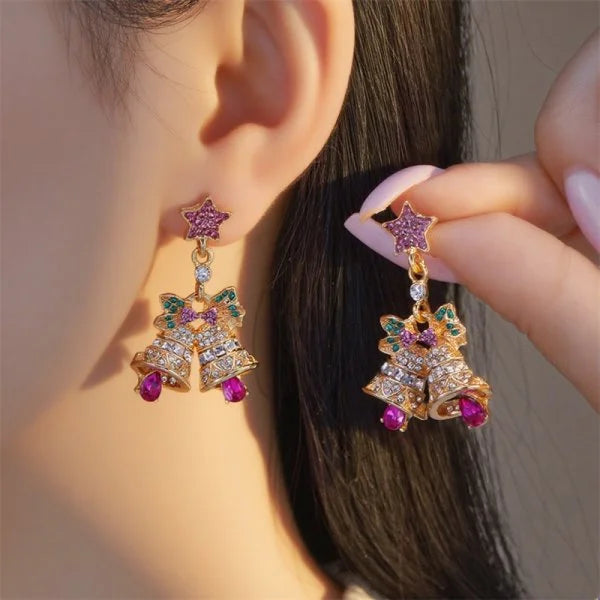 Christmas Tree & Bells Zircon Crystal Earrings Silver Tone
