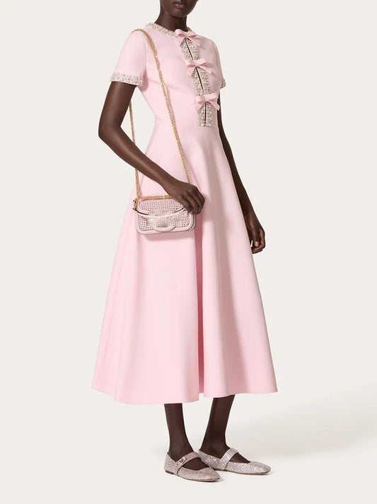 Patchwork Diamond Dress With Bowknot For Women High Waist