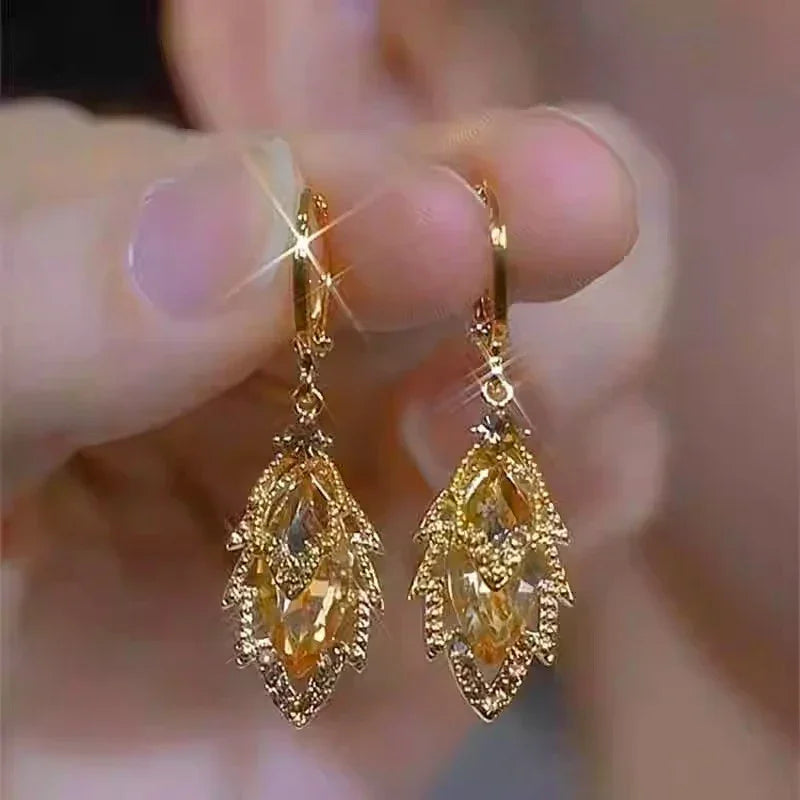 Rhinestone Leaves Pendant Earrings Gold Color Jewelry