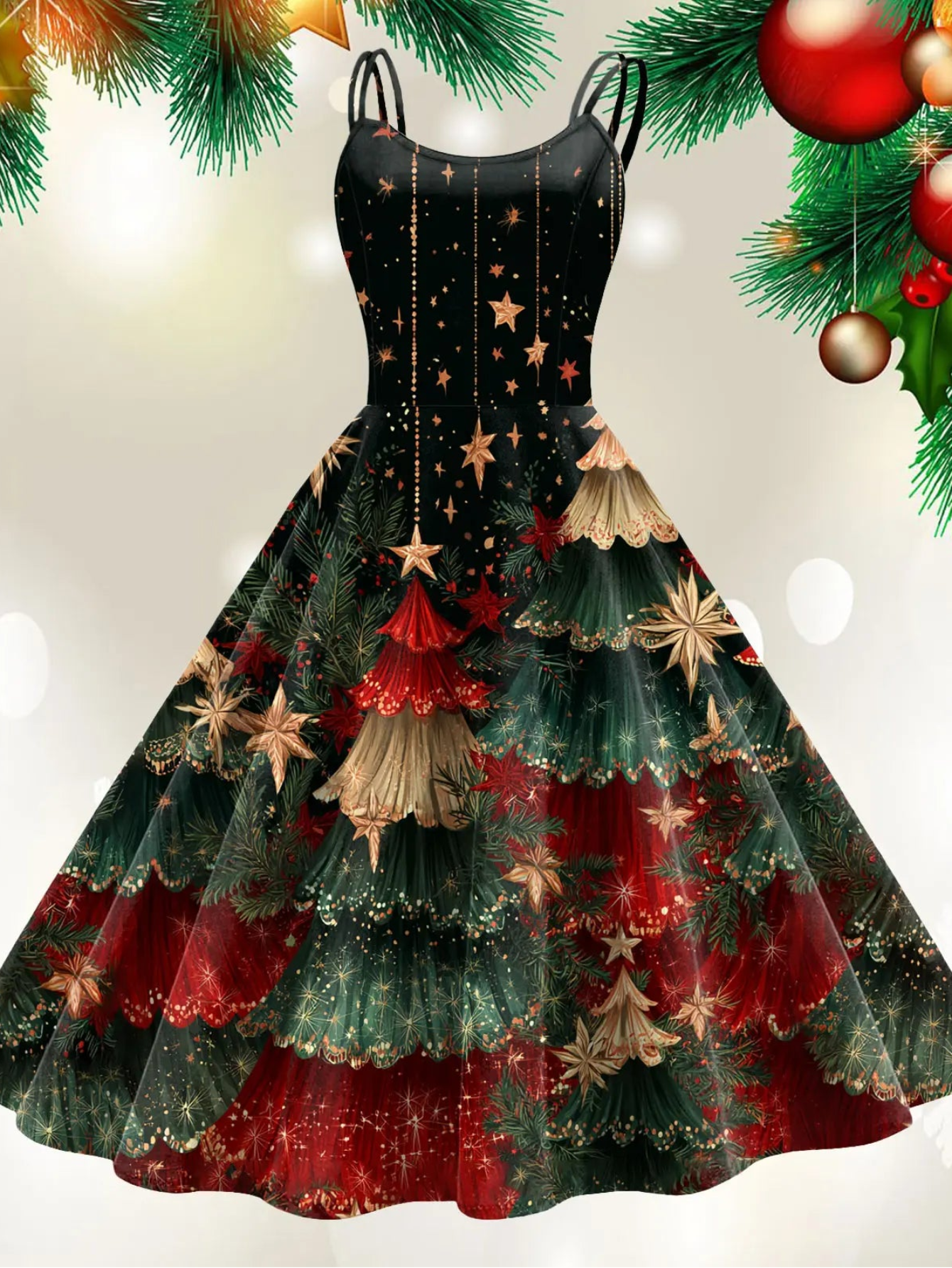 Retro Paint Print Christmas Tree Sleeveless Midi Dress