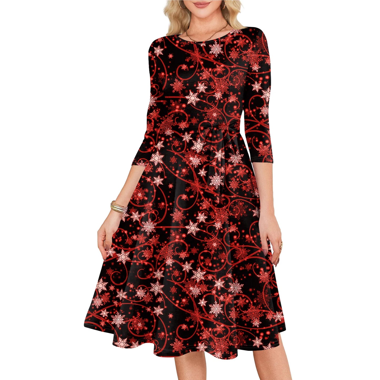 Women's A Line O Neck Polyester Dress Christmas Print Slim