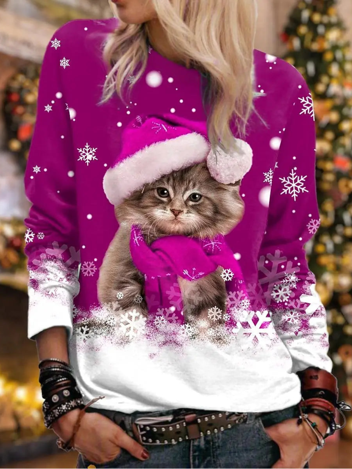 Christmas Cute Kitten With Santa Hat Print Sweatshirt