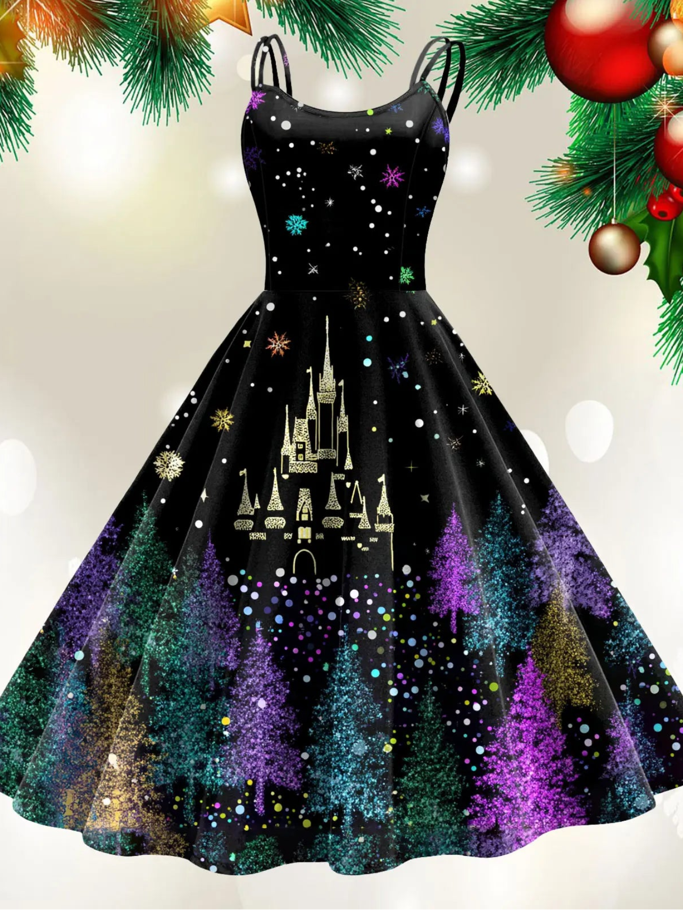 Retro Paint Print Christmas Tree Sleeveless Midi Dress