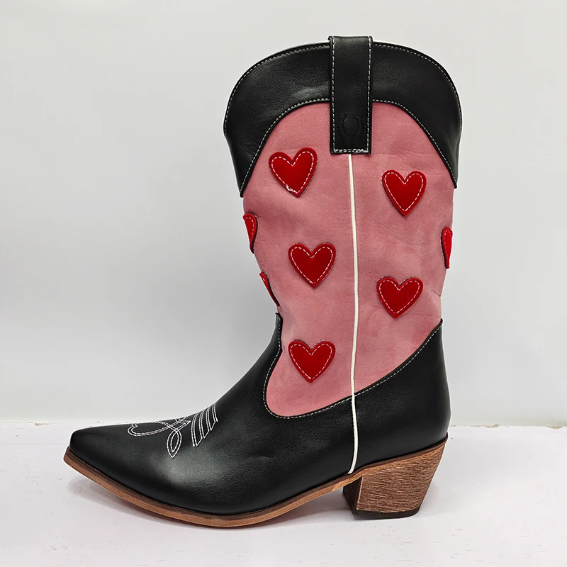 Black With Pink Valentine Heart Mid Calf Western Cowgirl Boots For Women & Teens