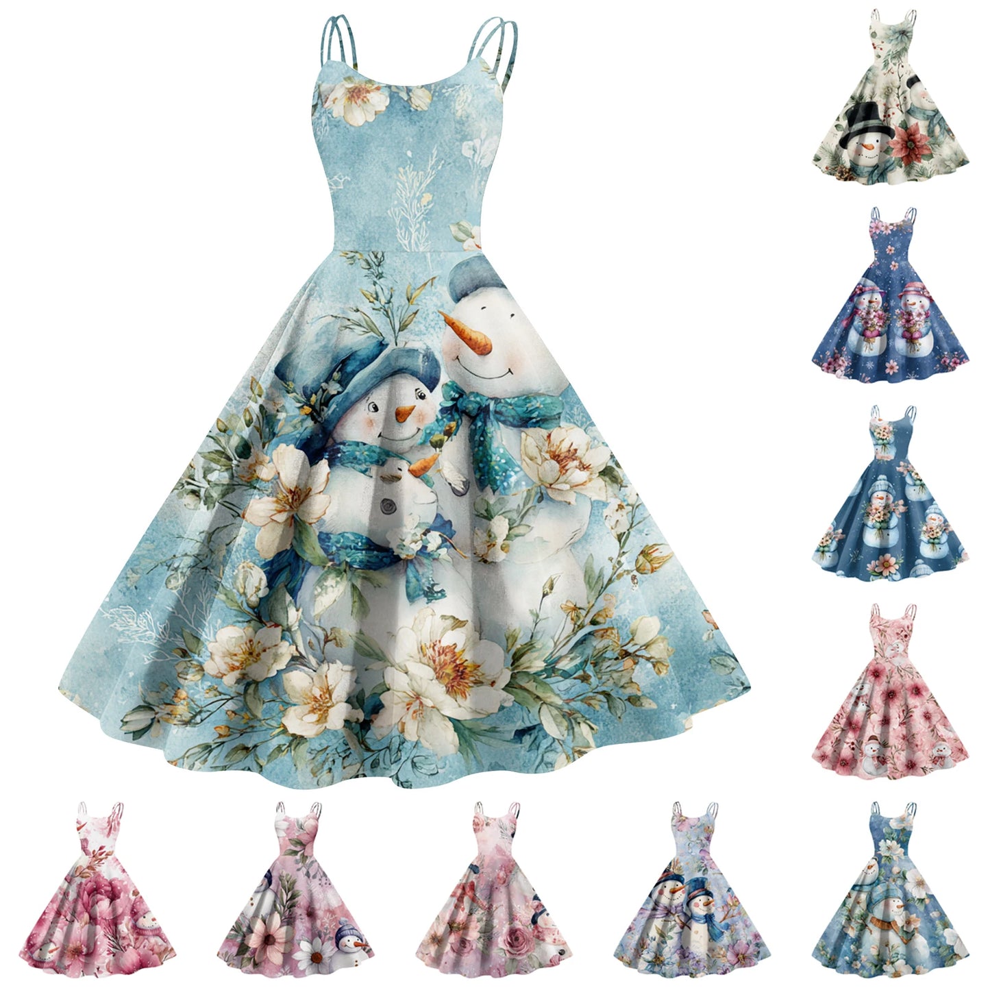 Women Christmas Print Spaghetti Strap Polyester Dress