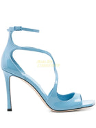Sky Blue Patent Leather Square Toe Sandals High Heel
