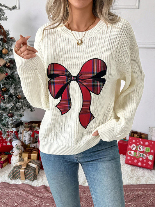 Christmas Bow Applique Pullover Sweater