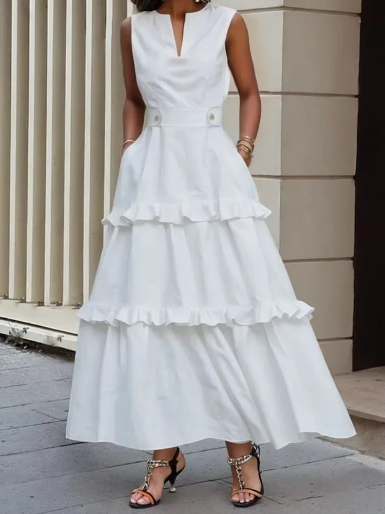 Cotton Blended Summer Dress - High Waist Pleated
