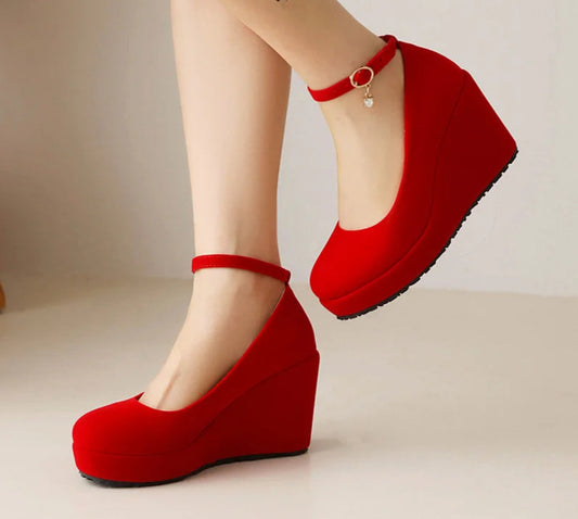 Mary Jane Velvet Wedge Heel Pump