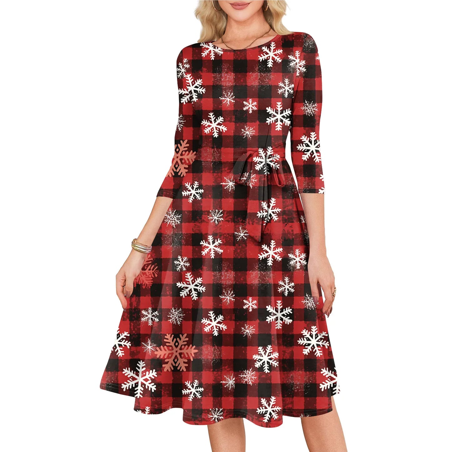 Women's A Line O Neck Polyester Dress Christmas Print Slim