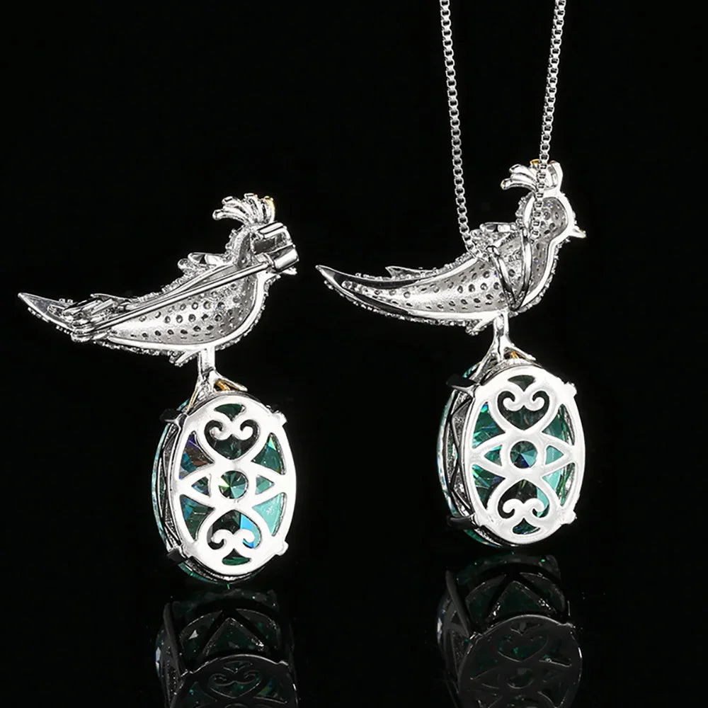 Green Tourmaline Gemstone Magpie Pendant Necklace Brooch Set