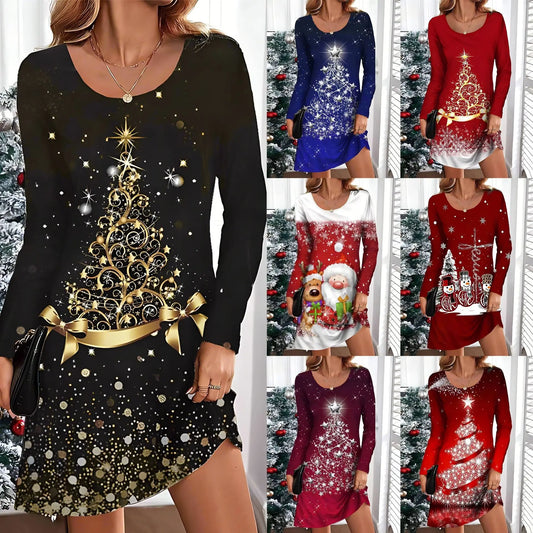Women's Christmas Tree Santa Claus Vintage Midi Dress