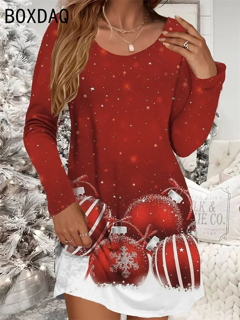 Womens Red Christmas Deer Print Mini Dress Polyester