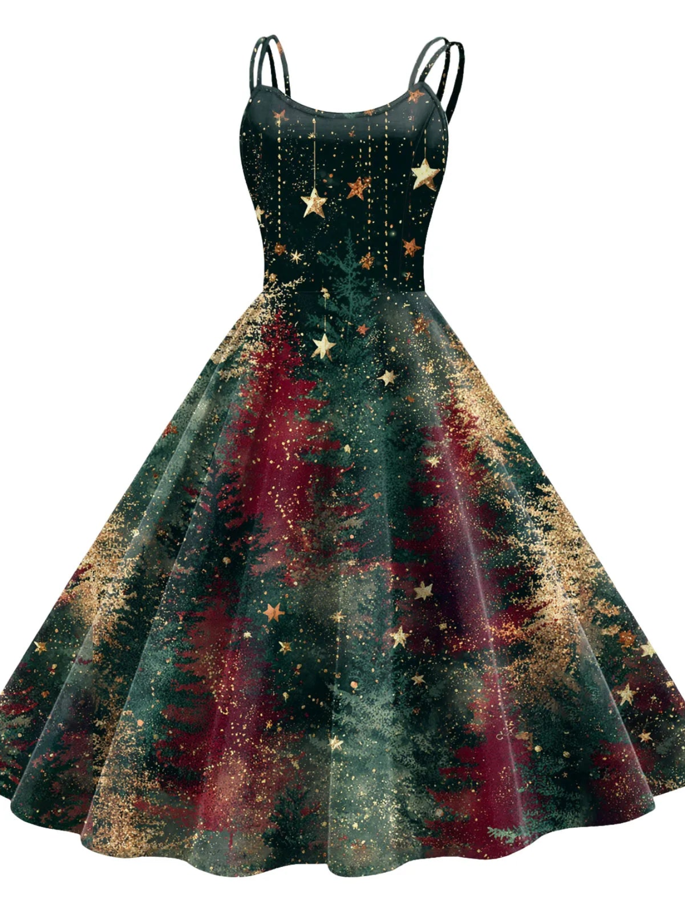 Retro Paint Print Christmas Tree Sleeveless Midi Dress