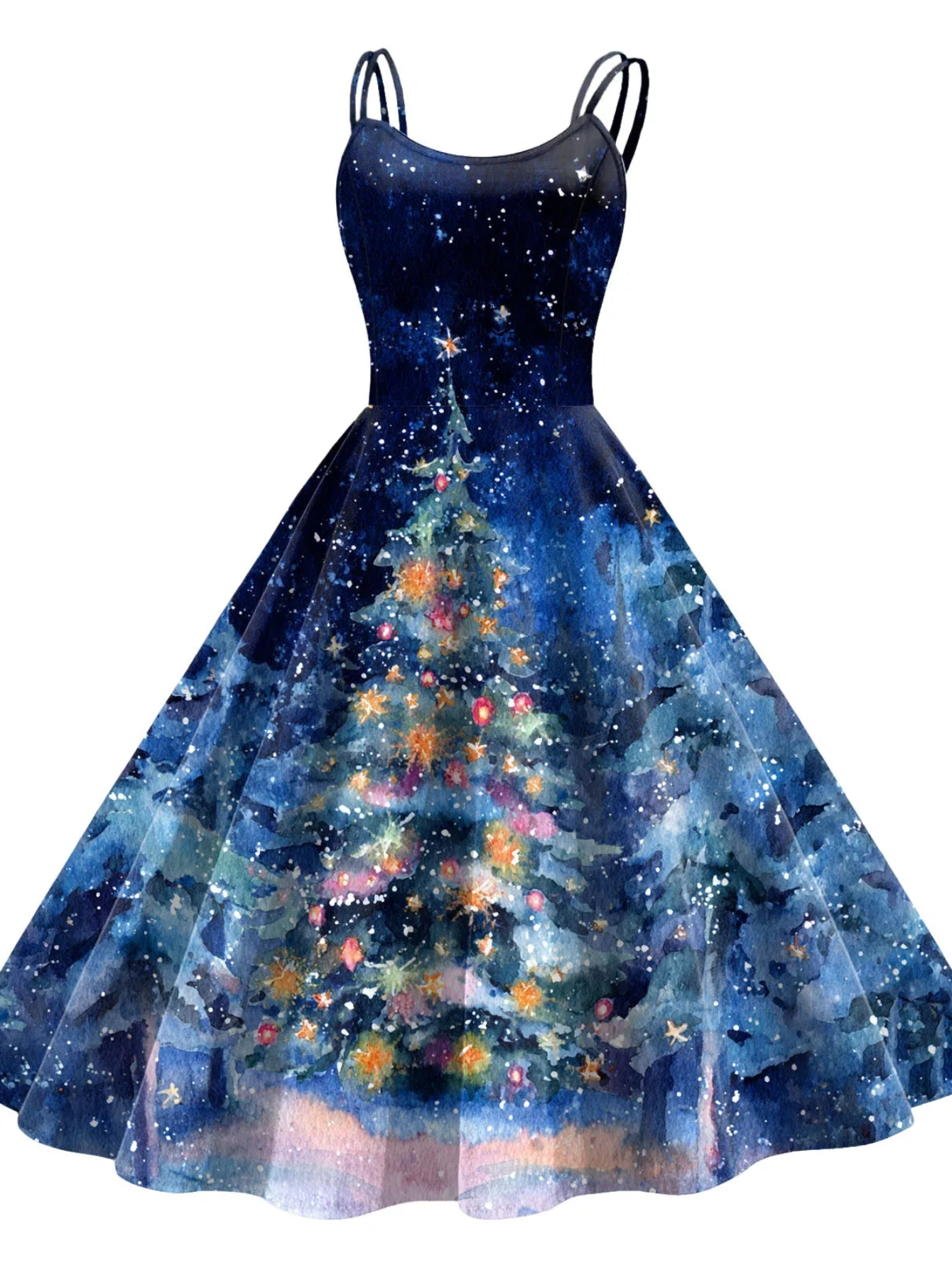 Retro Paint Print Christmas Tree Sleeveless Midi Dress