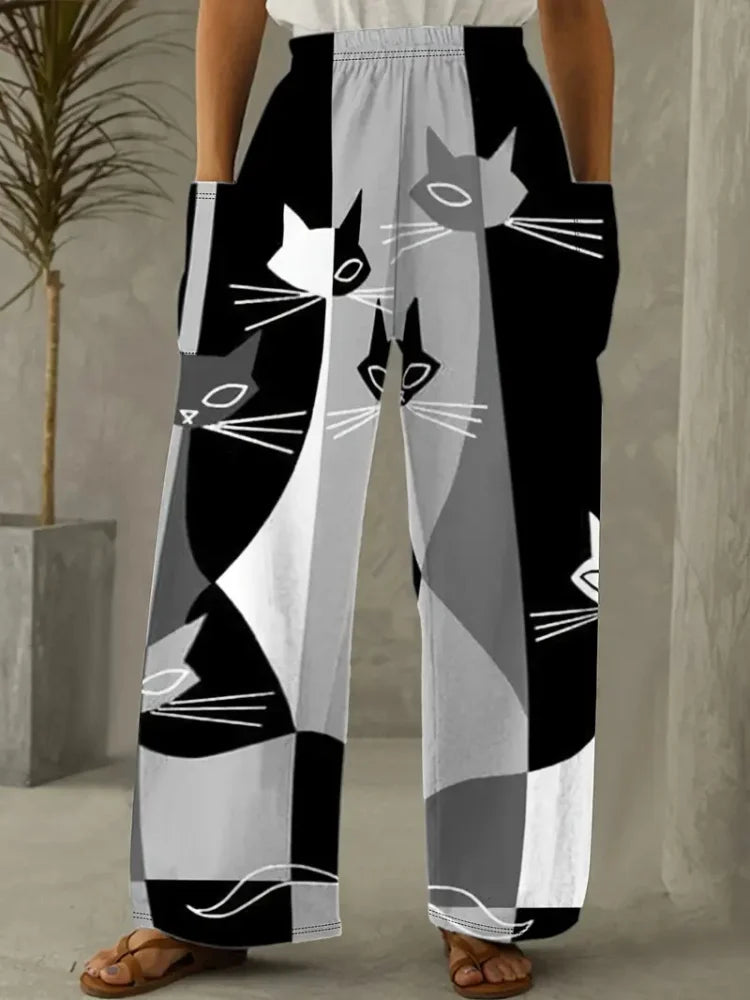 Women's Loose Bloomers Cartoon Cat Print Polyester Pants