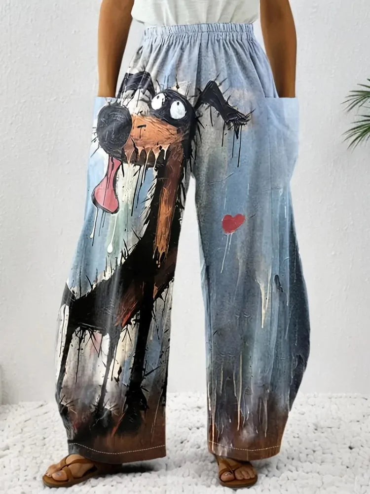 Women's Loose Bloomers Cartoon Dog Animal Print Polyester Pocket